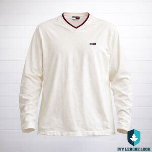 Tommy Jeans Cream V-Neck Long Sleeve Shirt Ivy League Preppy Mens XL